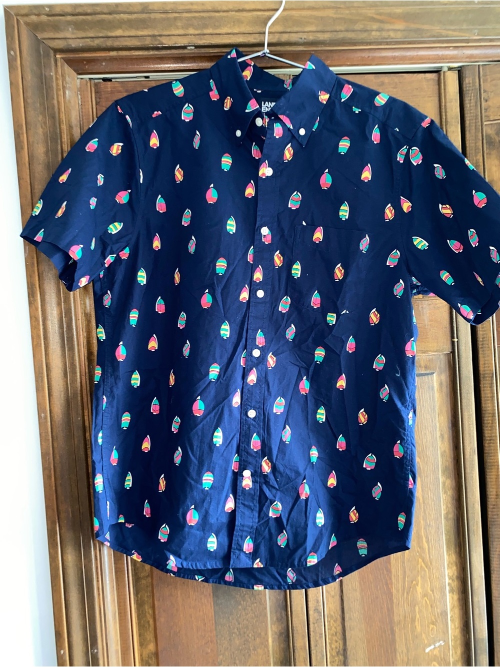 Lands End Mens Button-Down Short Sleeve, Navy w/Sailing Print, size M